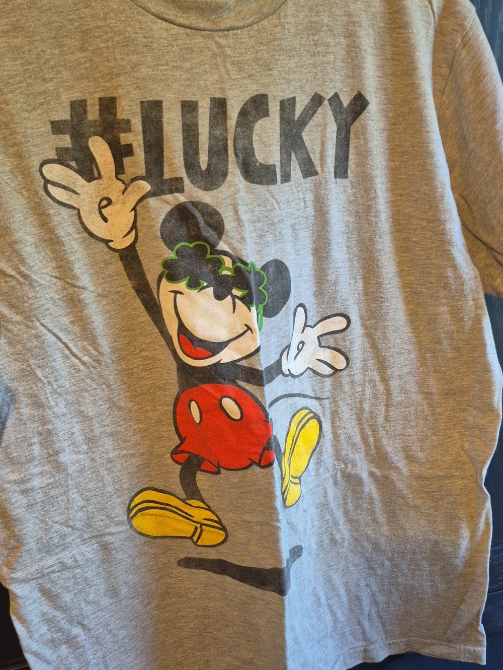 Disney Grey Mickey 'Lucky' Graphic Tee with Red Shorts and Yellow Shoes